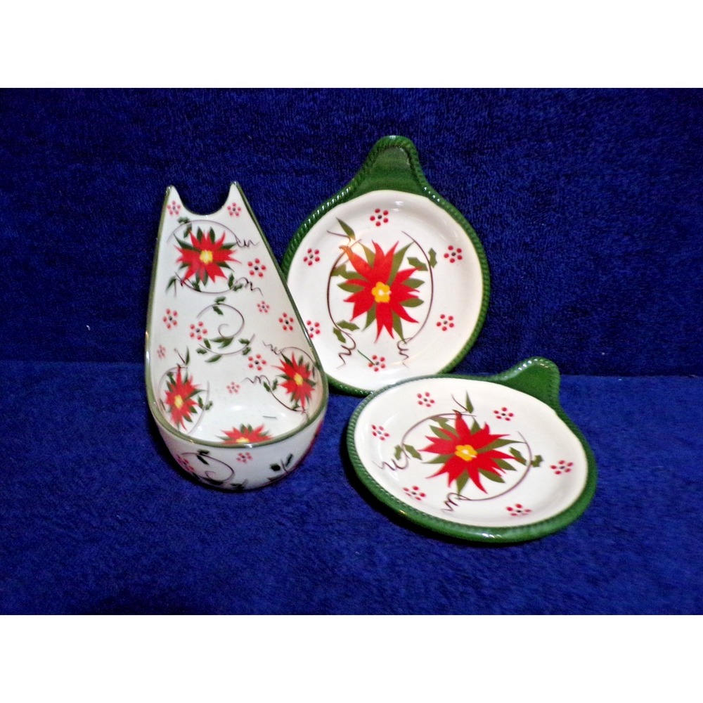 Temptations Christmas Poinsettia Special Edition Spoon Rest and 2 Saucer Plates